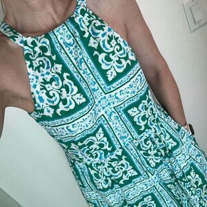 Talbots blue green print maxi dress high neck back zip 4 petite 4P